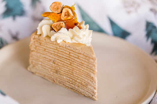 Hazelnut Praline Caramel Crepe Cake